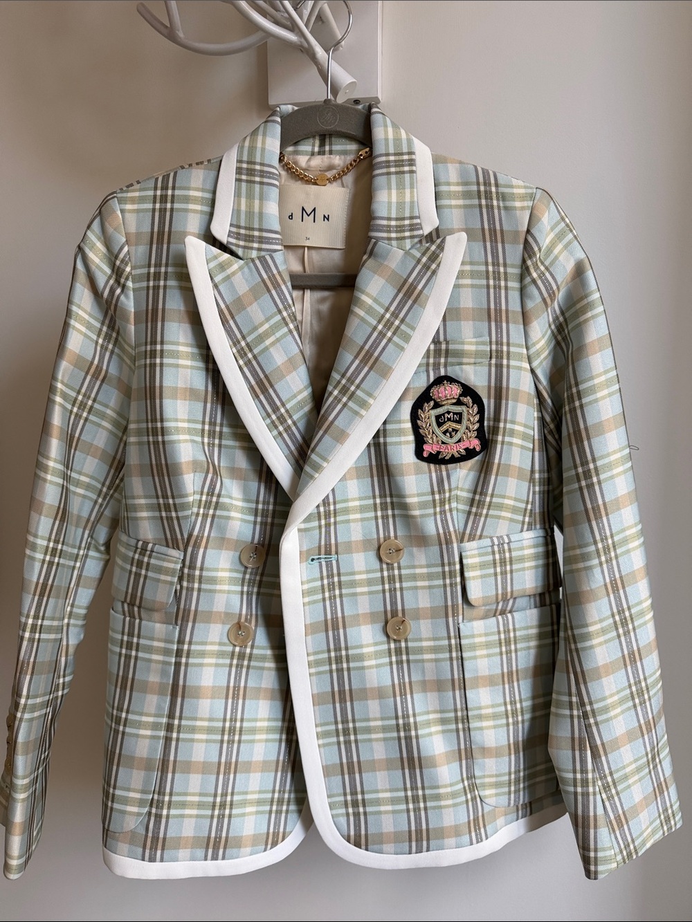 Women's Plaid Double-Breasted Blazer in Pastel Blue & Tan